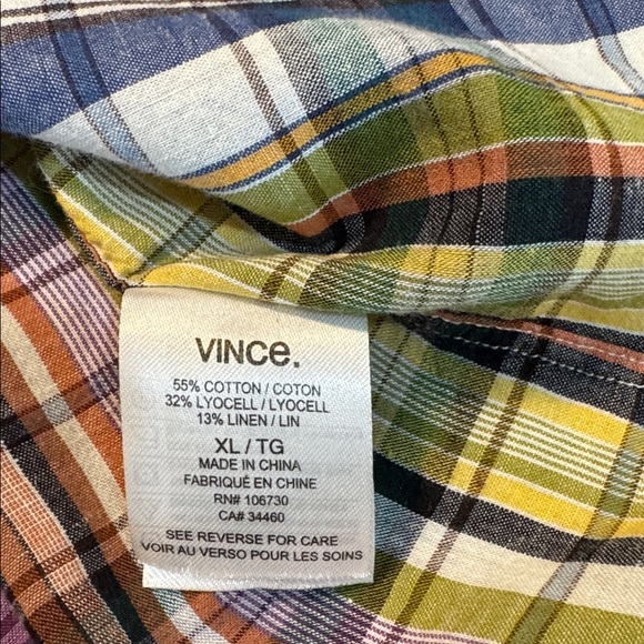 Vince Men’s Cotton Linen Plaid Button Front Shirt Purple Green Size XL READ - Picture 8 of 14